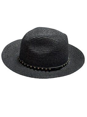 Adrienne Vittadini Black Paper Straw Fedora Wide Brim Studded Hat 22 Inch